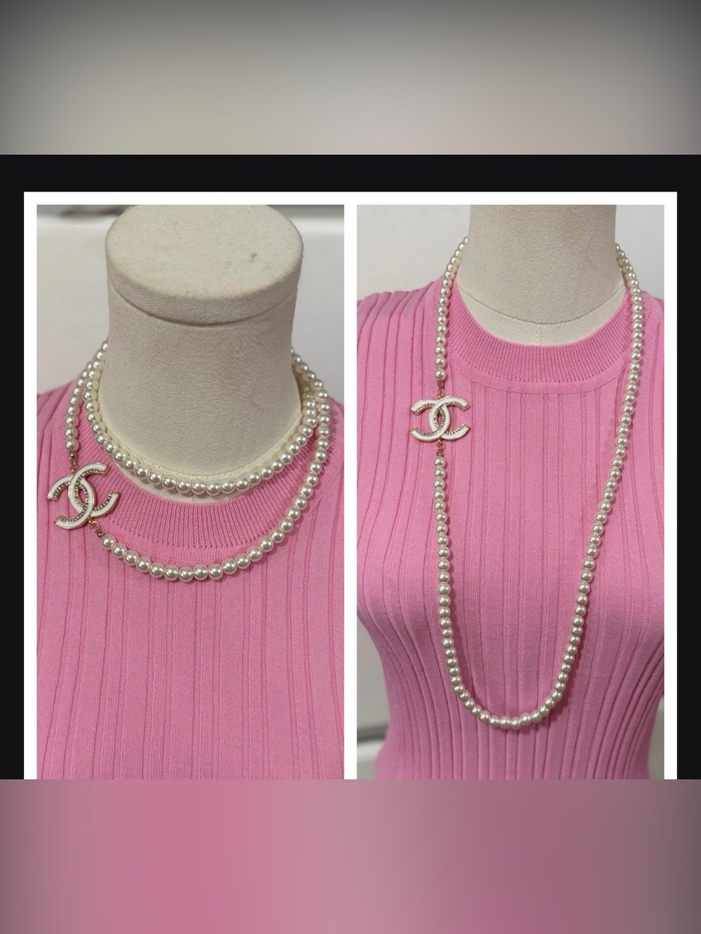CHANEL White Pearl Double-Strand Necklace with Gold CC Charm